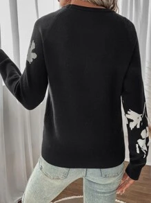 SHEIN LUNE 花卉圖案插肩袖套頭毛衣 - 黑色 - 查看 6