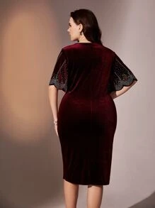 Modelyn Burgundy Red Plus Rhinestone Butterfly Sleeve Velvet Dress - Burgundy - View 2