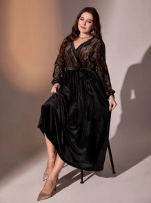 Modelyn Đầm Plus Size Tương phản ren Thắt lưng Trọn gói màu trơn Buổi tiệc - màu đen - Xem 6