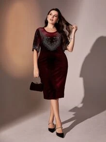 Modelyn Burgundy Red Plus Rhinestone Butterfly Sleeve Velvet Dress - Burgundy - View 3