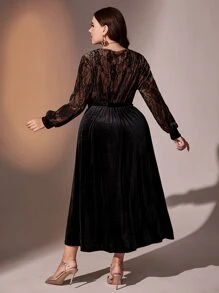 Modelyn Đầm Plus Size Tương phản ren Thắt lưng Trọn gói màu trơn Buổi tiệc - màu đen - Xem 2