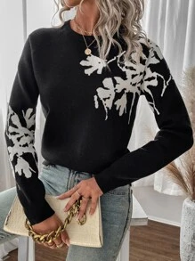 SHEIN LUNE 花卉圖案插肩袖套頭毛衣 - 黑色 - 查看 1