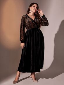 Modelyn Đầm Plus Size Tương phản ren Thắt lưng Trọn gói màu trơn Buổi tiệc - màu đen - Xem 3