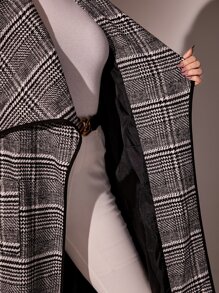 Modelyn Plus Plaid Waterfall Collar Overcoat - Black and White - View 5