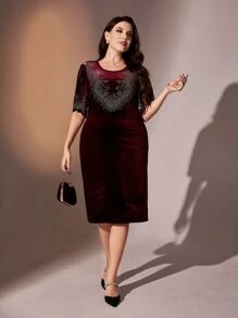 Modelyn Burgundy Red Plus Rhinestone Butterfly Sleeve Velvet Dress - Burgundy - View 5