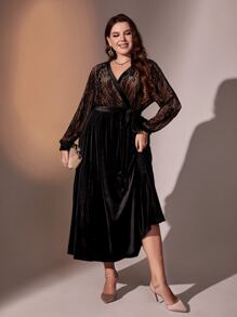 Modelyn Đầm Plus Size Tương phản ren Thắt lưng Trọn gói màu trơn Buổi tiệc - màu đen - Xem 4