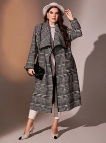 Modelyn Plus Plaid Waterfall Collar Overcoat - Black and White - View 6