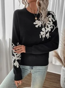SHEIN LUNE 花卉圖案插肩袖套頭毛衣 - 黑色 - 查看 4