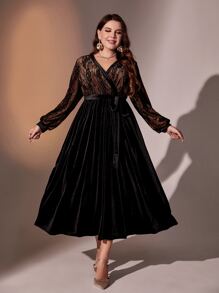 Modelyn Đầm Plus Size Tương phản ren Thắt lưng Trọn gói màu trơn Buổi tiệc - màu đen - Xem 5