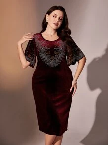 Modelyn Burgundy Red Plus Rhinestone Butterfly Sleeve Velvet Dress - Burgundy - View 7