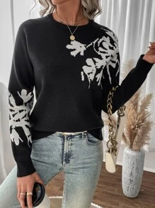 SHEIN LUNE 花卉圖案插肩袖套頭毛衣 - 黑色 - 查看 5