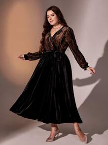 Modelyn Đầm Plus Size Tương phản ren Thắt lưng Trọn gói màu trơn Buổi tiệc - màu đen - Xem 7