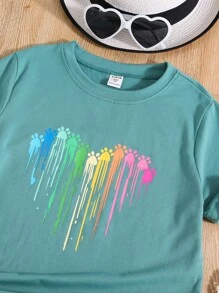 SHEIN Tween Girl Colorful Paw Print Tee - Green - View 3