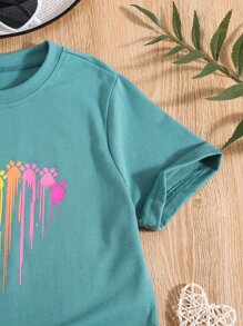 SHEIN Tween Girl Colorful Paw Print Tee - Green - View 4