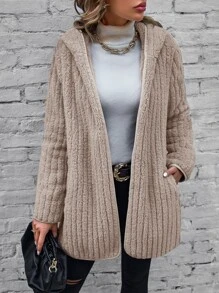 SHEIN LUNE 斜口袋連帽法蘭絨外套 - 杏色 - 查看 3