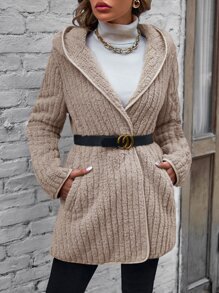 SHEIN LUNE 斜口袋連帽法蘭絨外套 - 杏色 - 查看 6