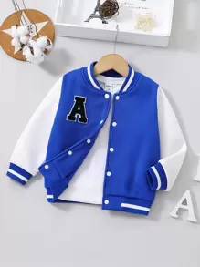 SHEIN Explorewe Young Boy's Color Block Fleece Button Jacket With Letter Design - Blue and White - View 1