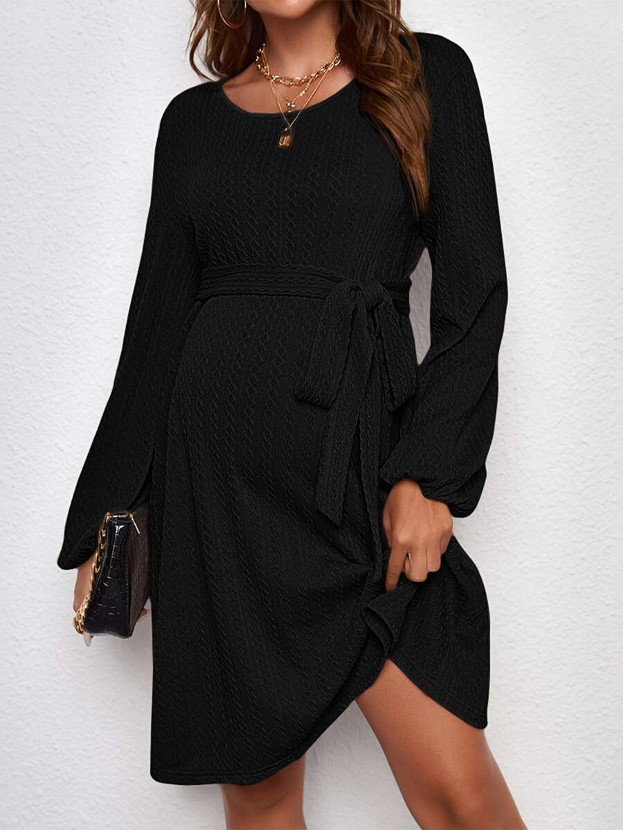 SHEIN 孕婦燈籠袖繫腰帶洋裝