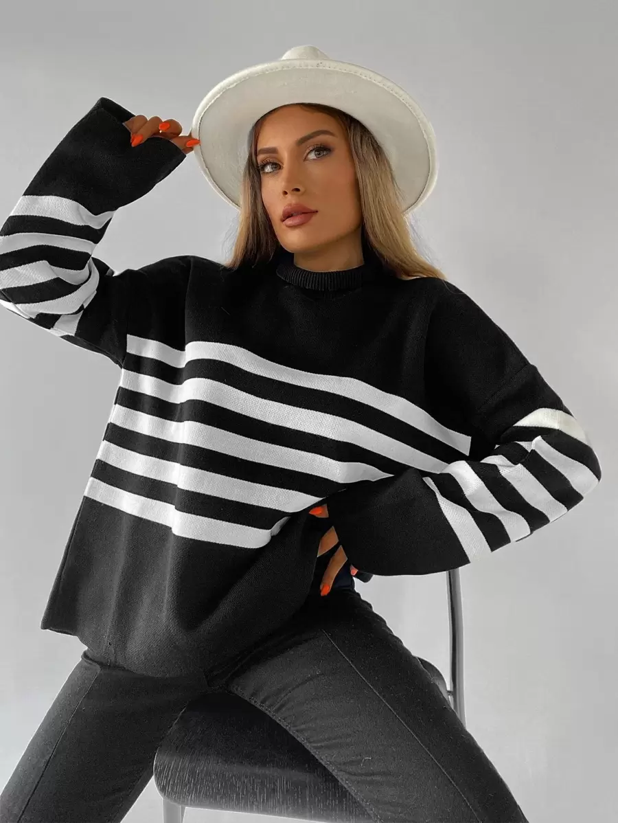 EURMUSE Striped Pattern Drop Shoulder Sweater - Đen và trắng - Xem 1