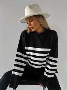 EURMUSE Striped Pattern Drop Shoulder Sweater - Đen và trắng - Xem 3