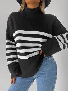 EURMUSE Striped Pattern Drop Shoulder Sweater - Đen và trắng - Xem 4