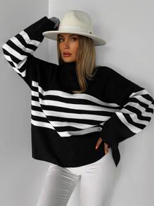EURMUSE Striped Pattern Drop Shoulder Sweater - Đen và trắng - Xem 5