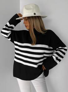 EURMUSE Striped Pattern Drop Shoulder Sweater - Đen và trắng - Xem 6