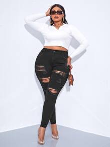 SHEIN SXY Plus Ripped Skinny Jeans - Black - View 5