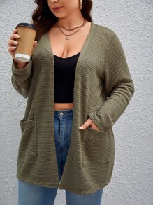 SHEIN Essnce Plus Dual Pocket Waffle Knit Coat - Army Green - View 1