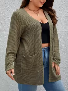 SHEIN Essnce Plus Dual Pocket Waffle Knit Coat - Army Green - View 3