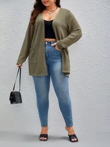 SHEIN Essnce Plus Dual Pocket Waffle Knit Coat - Army Green - View 4