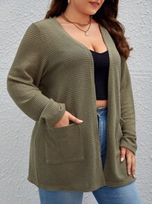 SHEIN Essnce Plus Dual Pocket Waffle Knit Coat - Army Green - View 5