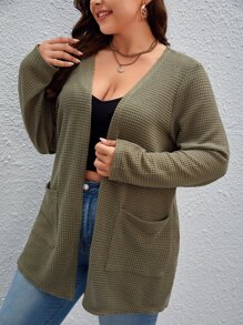 SHEIN Essnce Plus Dual Pocket Waffle Knit Coat - Army Green - View 6