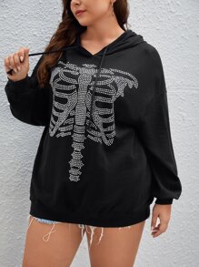SHEIN EZwear Plus Size Rhinestone Skeleton Pattern Drop Shoulder Drawstring Sweatshirt - Black - View 7