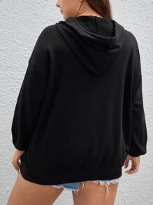 SHEIN EZwear Plus Size Rhinestone Skeleton Pattern Drop Shoulder Drawstring Sweatshirt - Black - View 2