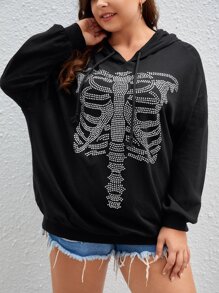 SHEIN EZwear Plus Size Rhinestone Skeleton Pattern Drop Shoulder Drawstring Sweatshirt - Black - View 6
