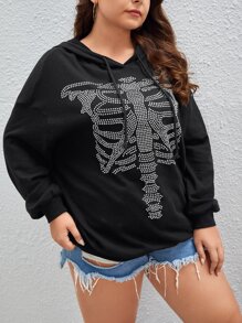 SHEIN EZwear Plus Size Rhinestone Skeleton Pattern Drop Shoulder Drawstring Sweatshirt - Black - View 4