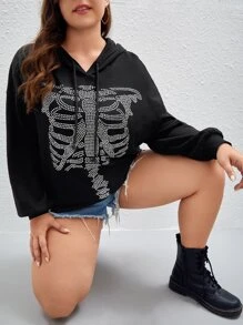SHEIN EZwear Plus Size Rhinestone Skeleton Pattern Drop Shoulder Drawstring Sweatshirt - Black - View 1