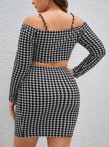 SHEIN Privé Plus Houndstooth Print Cold Shoulder Crop Top & Bodycon Skirt - Black and White - View 3