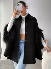 SHEIN Privé Borg Collar Fuzzy Cuff Raglan Sleeve Overcoat - Black - View 1