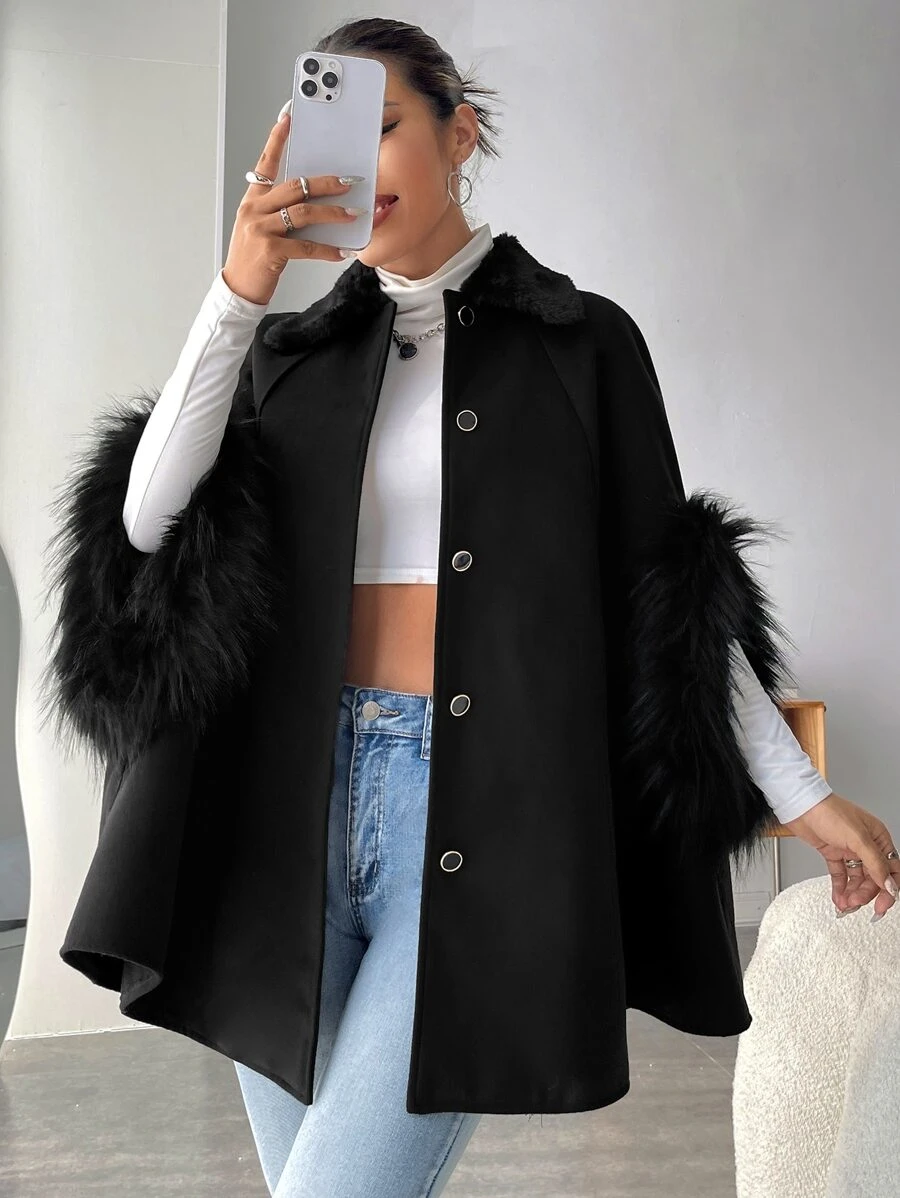 SHEIN Privé Borg Collar Fuzzy Cuff Raglan Sleeve Overcoat - Black - View 1