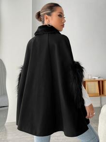 SHEIN Privé Borg Collar Fuzzy Cuff Raglan Sleeve Overcoat - Black - View 2