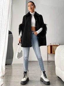 SHEIN Privé Borg Collar Fuzzy Cuff Raglan Sleeve Overcoat - Black - View 3