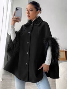 SHEIN Privé Borg Collar Fuzzy Cuff Raglan Sleeve Overcoat - Black - View 4