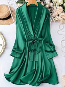 SHEIN Unity Plus Shawl Collar Belted Satin Dress - Green - View 1