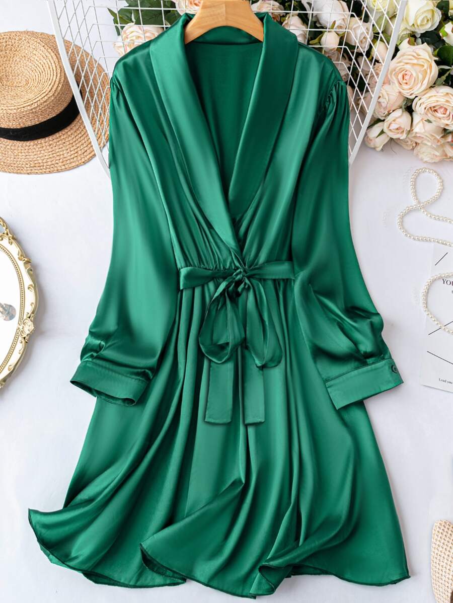 SHEIN Unity Plus Shawl Collar Belted Satin Dress - Green - View 1