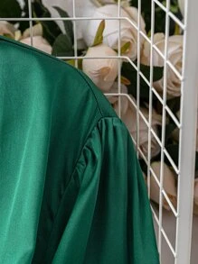 SHEIN Unity Plus Shawl Collar Belted Satin Dress - Green - View 3