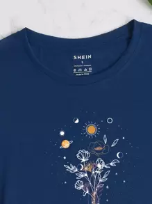 INAWLY Floral And Galaxy Print Tee - Blue - View 5