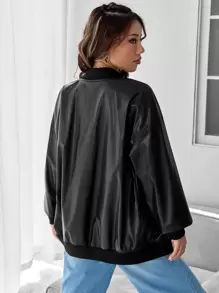 SHEIN EZwear Drop Shoulder PU Bomber Jacket - Black - View 4