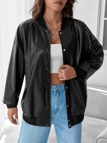 SHEIN EZwear Drop Shoulder PU Bomber Jacket - Black - View 2